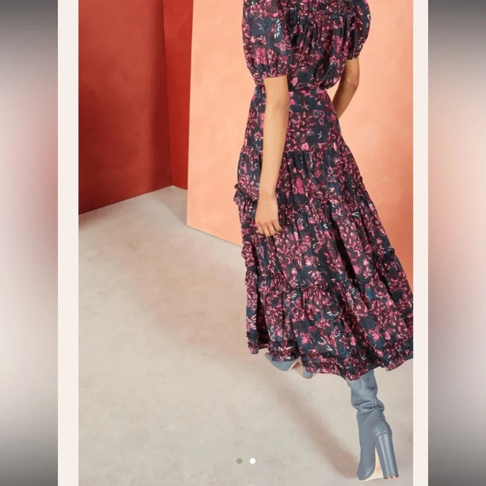ULLA JOHNSON Amalia Midnight Floral Midi Skirt Tiered Ruffle Pink Navy Size‎ 2